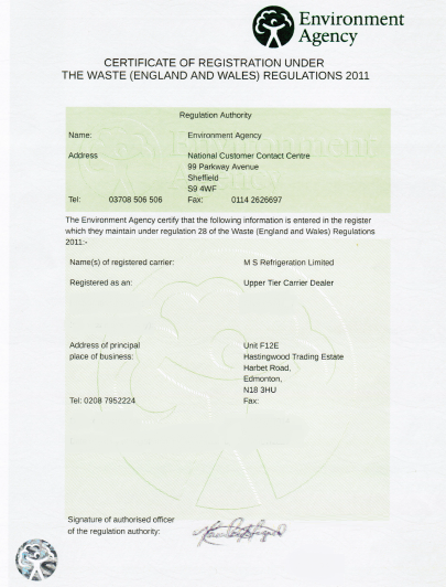certificate of registration under the waste regulations